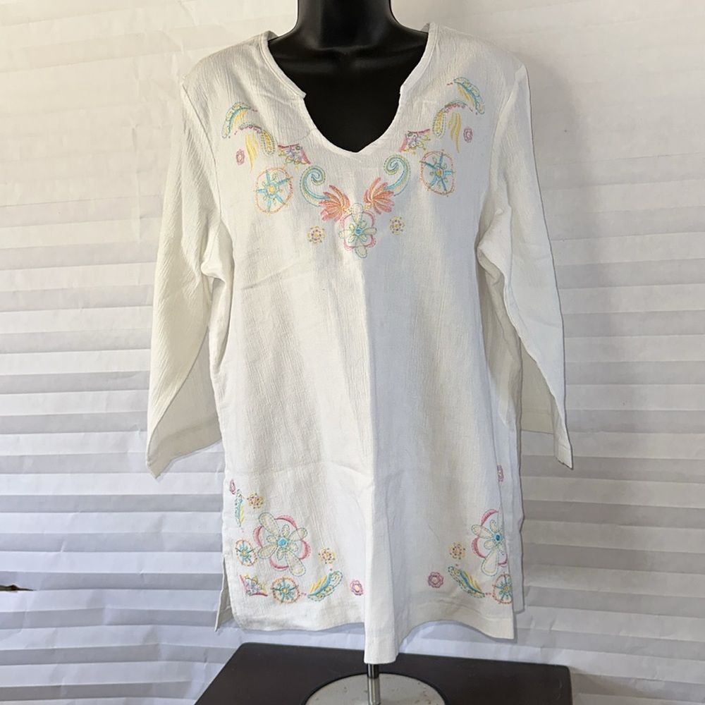 Denim & Co. White Floral Embroidered 3/4 Sleeve Blouse Top Size L Casual Chic